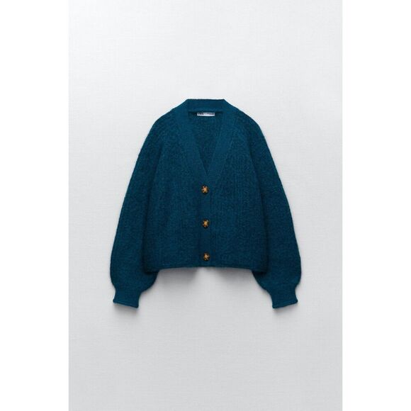 Teal Blue Zara Chunky Knit Button Front V-Neck Cardigan Sweater (NWT) - Picture 10 of 13